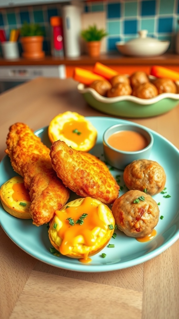 A plate of chicken tenders, meatballs, and cheesy egg muffins, appealing to kids, in a bright kitchen.